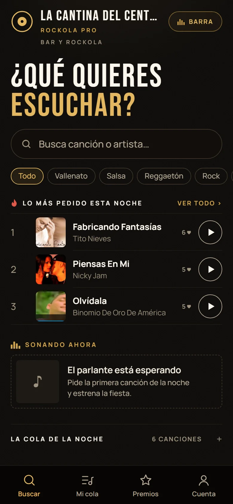 La pantalla del cliente en un celular: el buscador de canciones, los géneros y lo más pedido de la noche.
