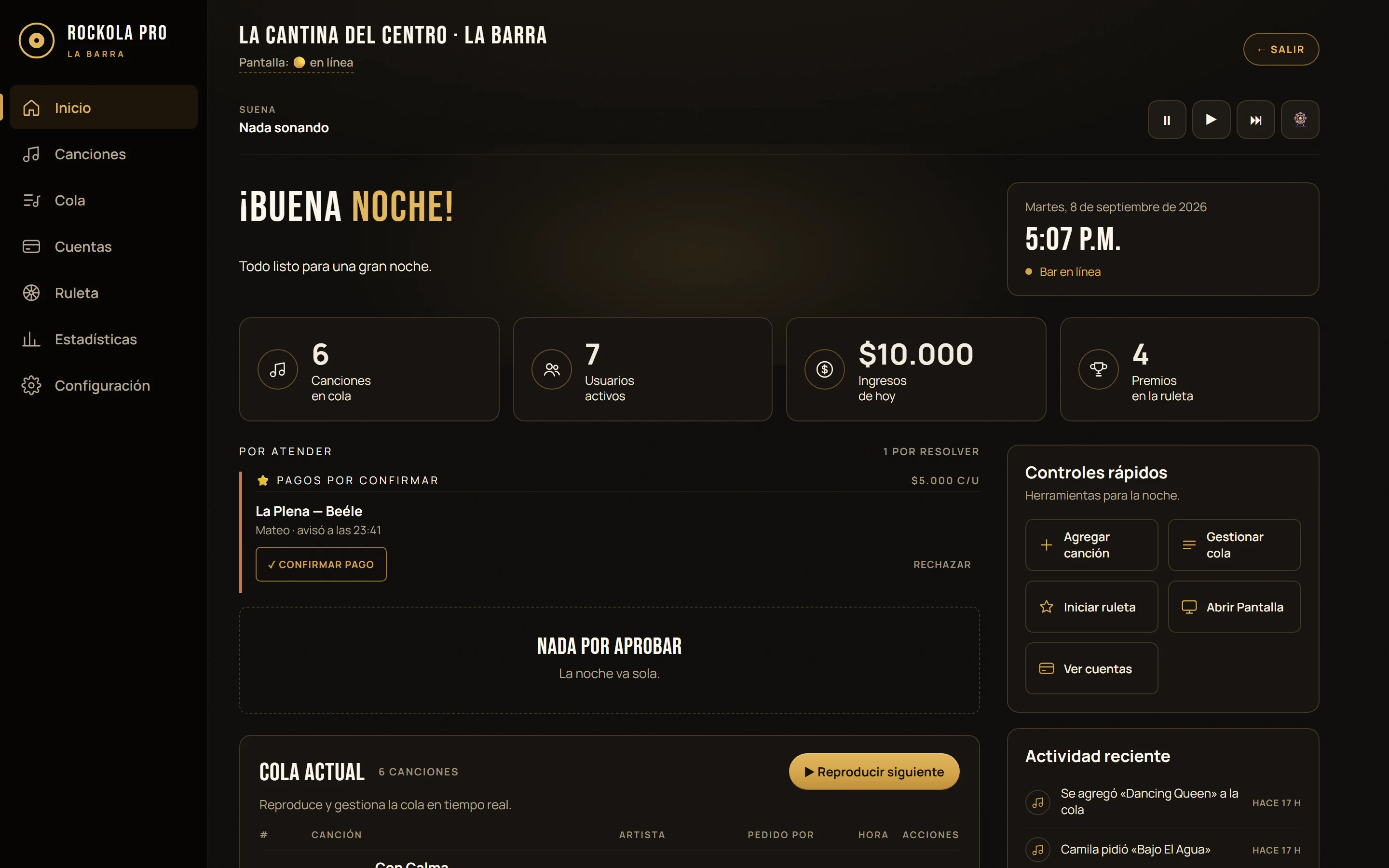 El tablero de Rockola Pro en un computador: canciones en cola, usuarios activos, ingresos y pagos por confirmar.