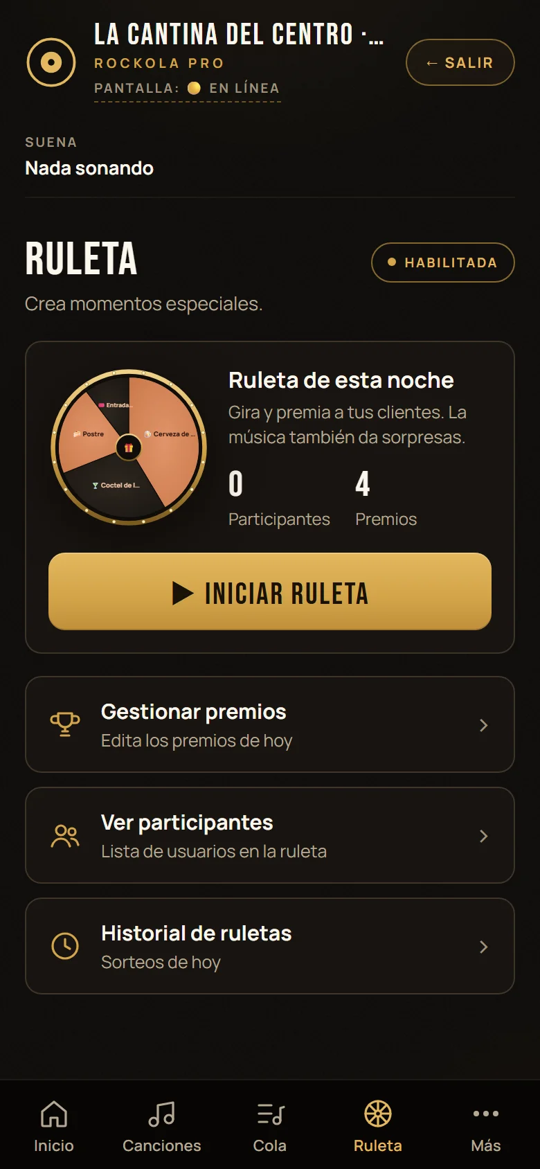 La ruleta del panel con cuatro premios en la rueda y el botón para iniciar el sorteo.