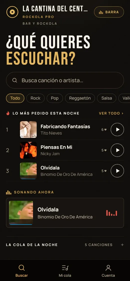 La pantalla del cliente en un celular: el buscador de canciones, los géneros y lo más pedido de la noche.